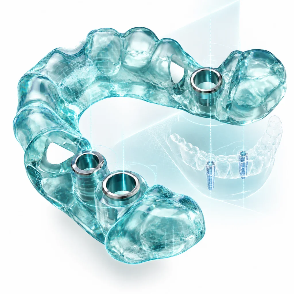 3D tištěná chirurgická šablona pro navigované zavedení implantátů s vodicími pouzdry