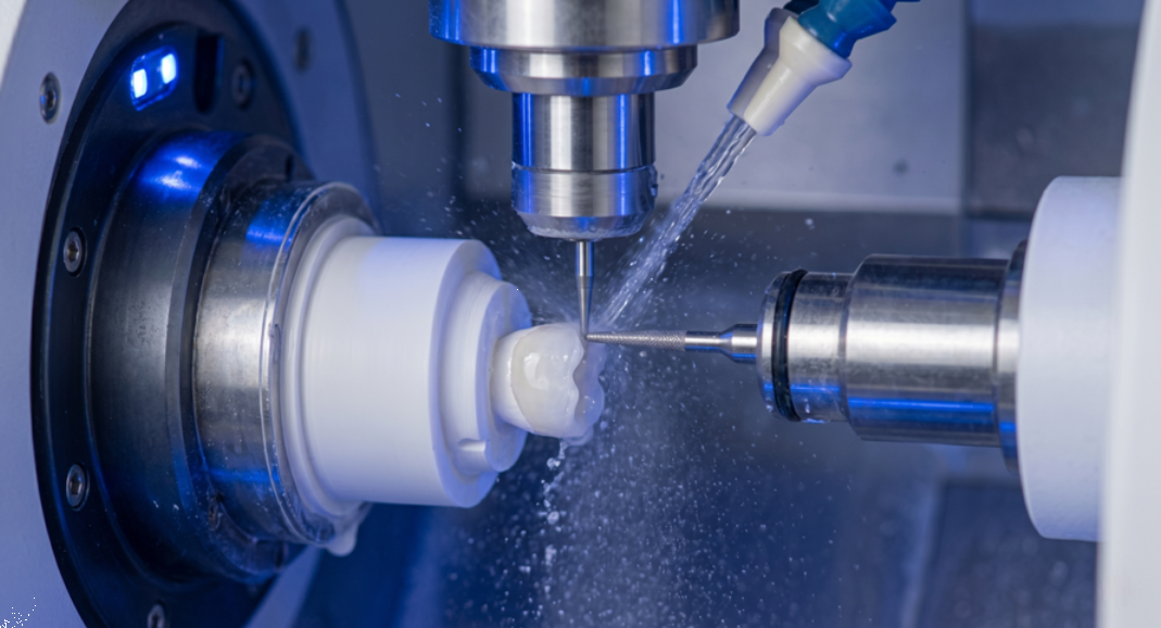 Počítačem řízené frézování (CAD/CAM) přesné zirkonové korunky z pevného bloku oxidu zirkoničitého v laboratoři