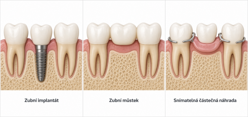 Srovnání zubního implantátu, můstku a snímatelné náhrady