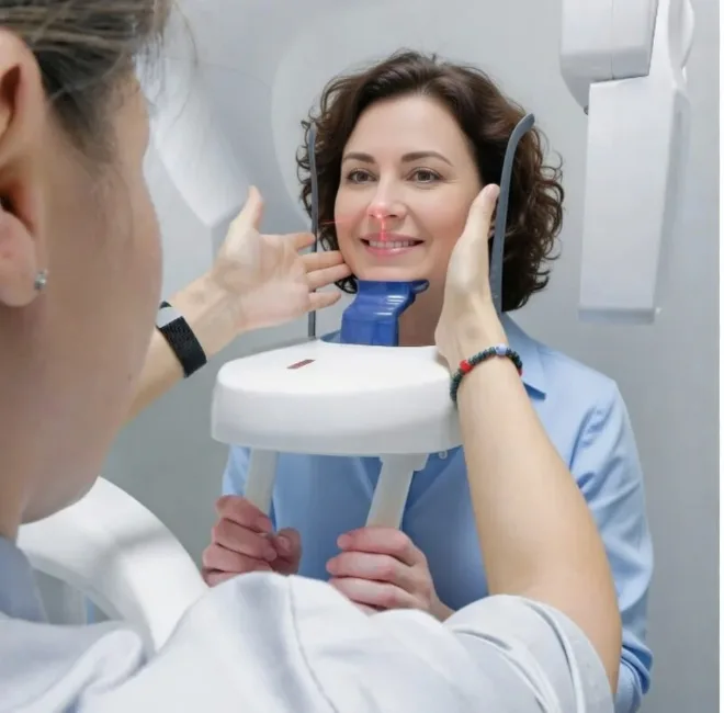 Pacientka při 3D rentgenovém snímkování v Dental Heart Neratovice